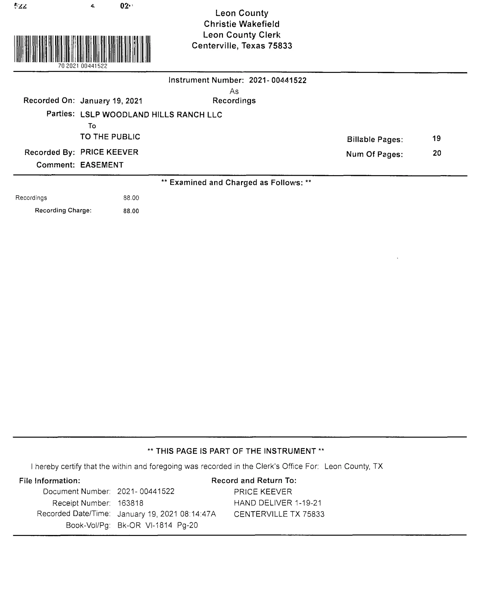 Lslp Woodland Hills Ranch LLC - Recorded Easement Agreemt (Vol. 1814, Page 20)